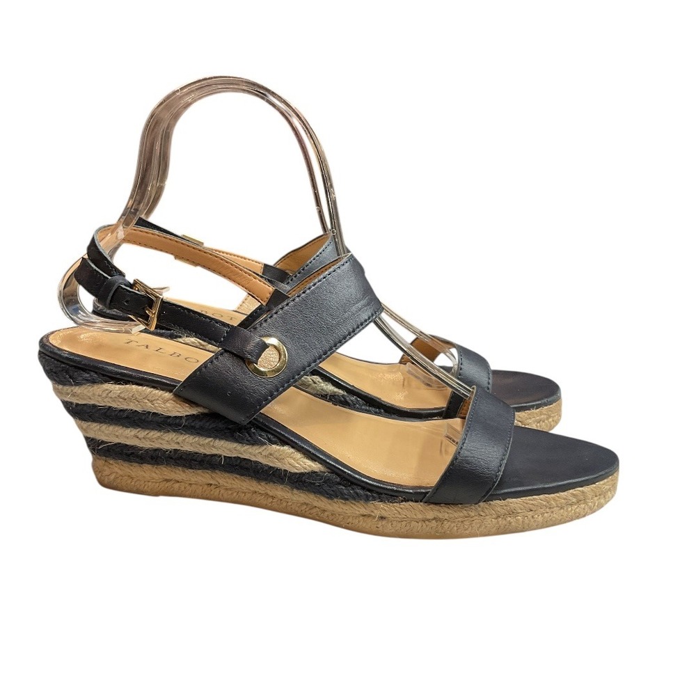 Talbots Women's Black Striped Wedge Leather Slingback Espadrilles Sandals Size 9